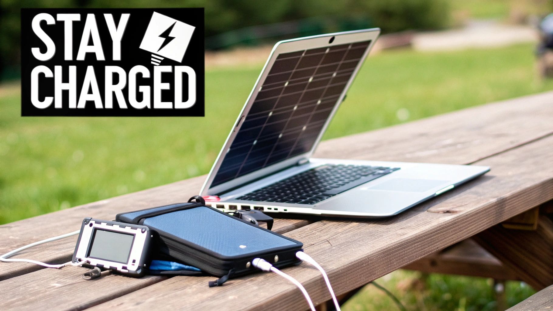 People setting up foldable solar panels in an outdoor field