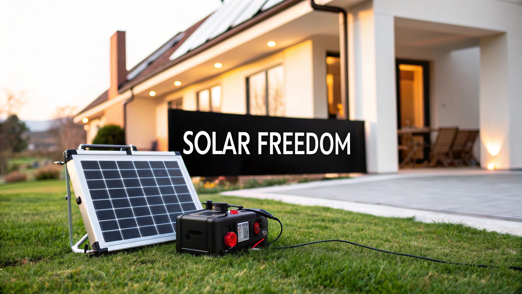 A portable solar panel connected to a solar generator on a green lawn in front of a modern house with rooftop solar panels