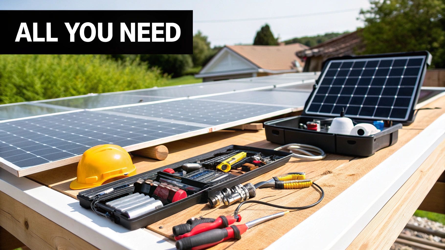 Complete DIY solar toolkit and equipment laid out on roof