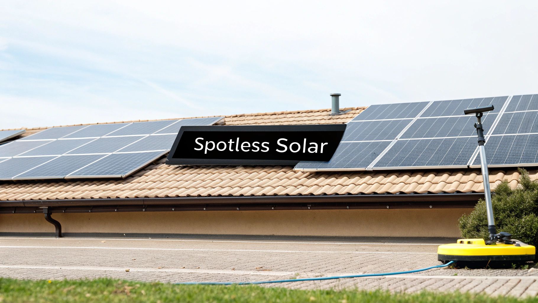 A person actively cleaning solar panels on a residential rooftop under a clear, bright blue sky